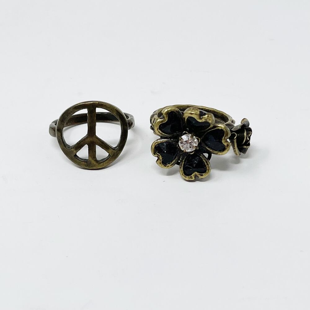 Set of 2 Brass Gold Tone Fashion Rings Peace Sign Floral Gemstone Size 5 and 6